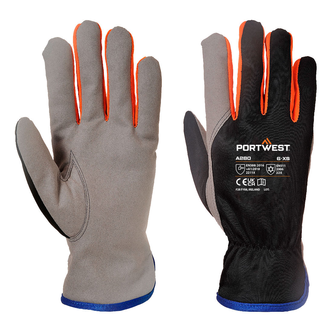 Portwest A280 Cold 240 Synthetic Leather Mechanical Glove Black/Orange