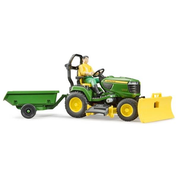 Bruder John Deere lawn tractor with trailer and gardener