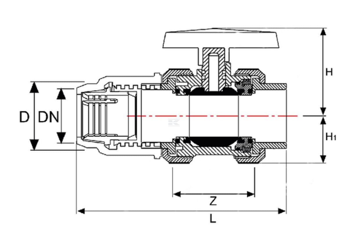 Pimtas PVC-U ball valve - Sleeve (glue) x Compression nut (PE)