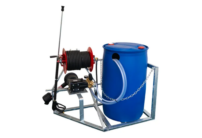 Hawk PTO NLT2525 25LPM, 250 BAR, 30M hose, Red Reel, 1200ml Lance, shaft, 200LT Barrel, Barrel frame