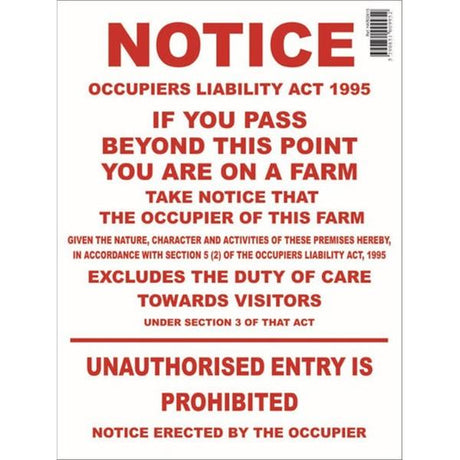Occupiers Liability Act 1995 Farm Sign