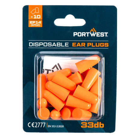 Portwest EP14 PU Foam Ear Plugs Blister Pack (10 Pairs) Orange