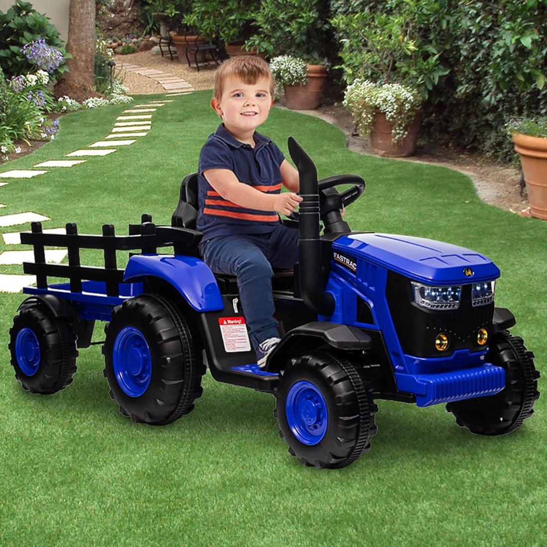 Turbo Harvest 12V Electric Ride On Tractor with Trailer Blue
