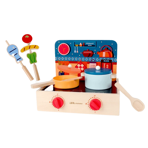 Leo & Friends 2-in-1 Mini Kitchen Wooden Play Set – 15-Piece Pretend Cooking Kit for Kids 24M+