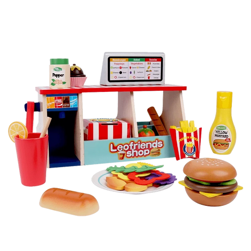 Leo & Friends 40-Piece Wooden Play Food Set – Snack Shop with Drink Dispenser Ages 3+