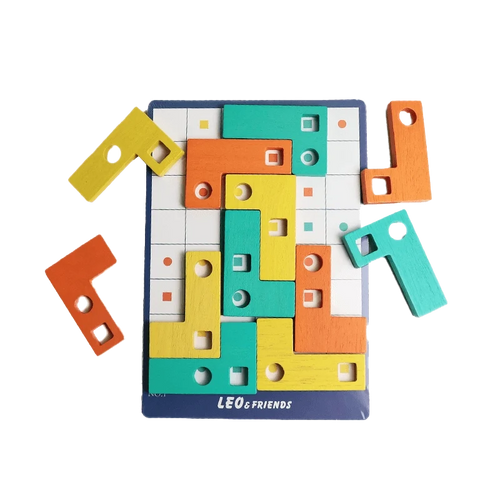 Leo & Friends Wooden L-Shaped Geometric Matching Game – 30 Challenge Cards, Magnetic Puzzle for Kids 3+