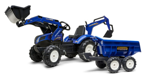 Falk F3090W New Holland loader digger with rear excavator and Maxi tipping trailer