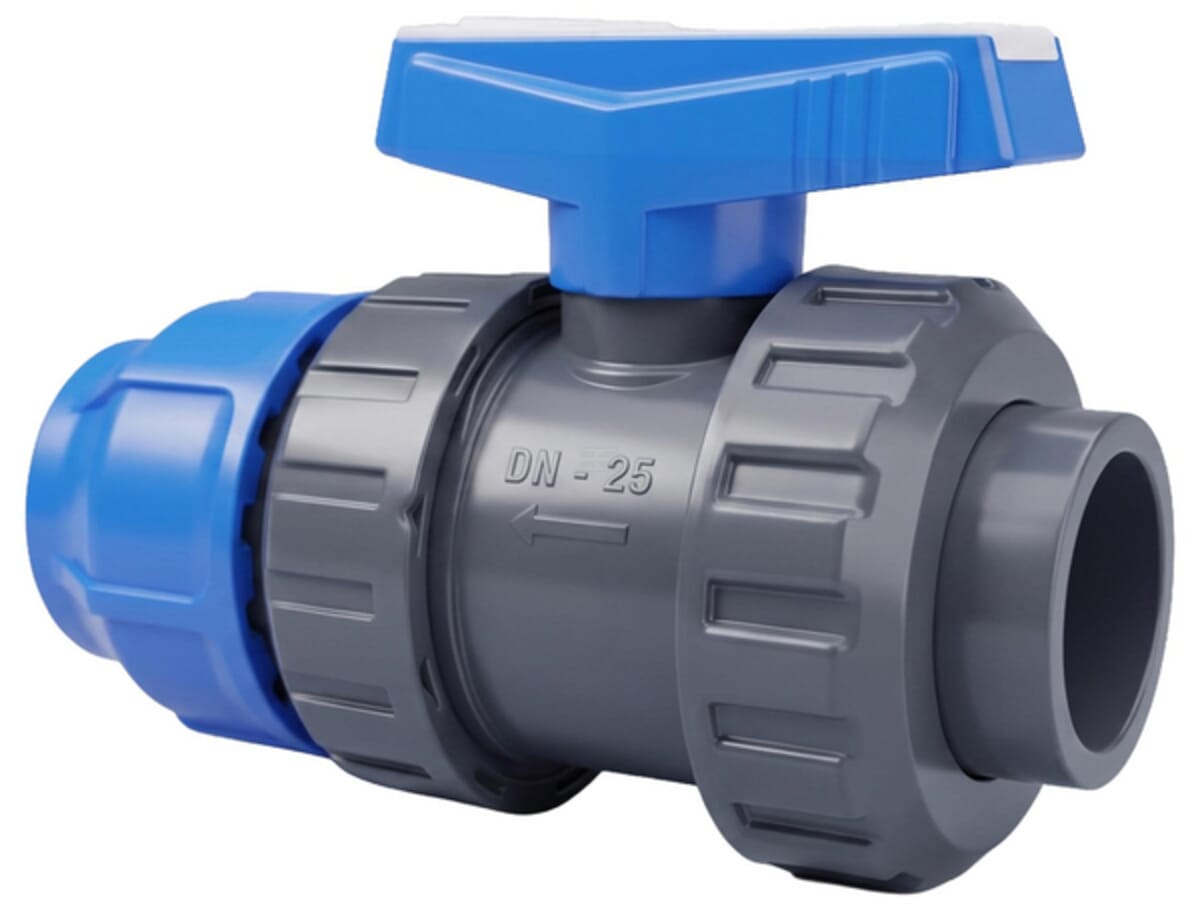 Pimtas PVC-U ball valve - Sleeve (glue) x Compression nut (PE)