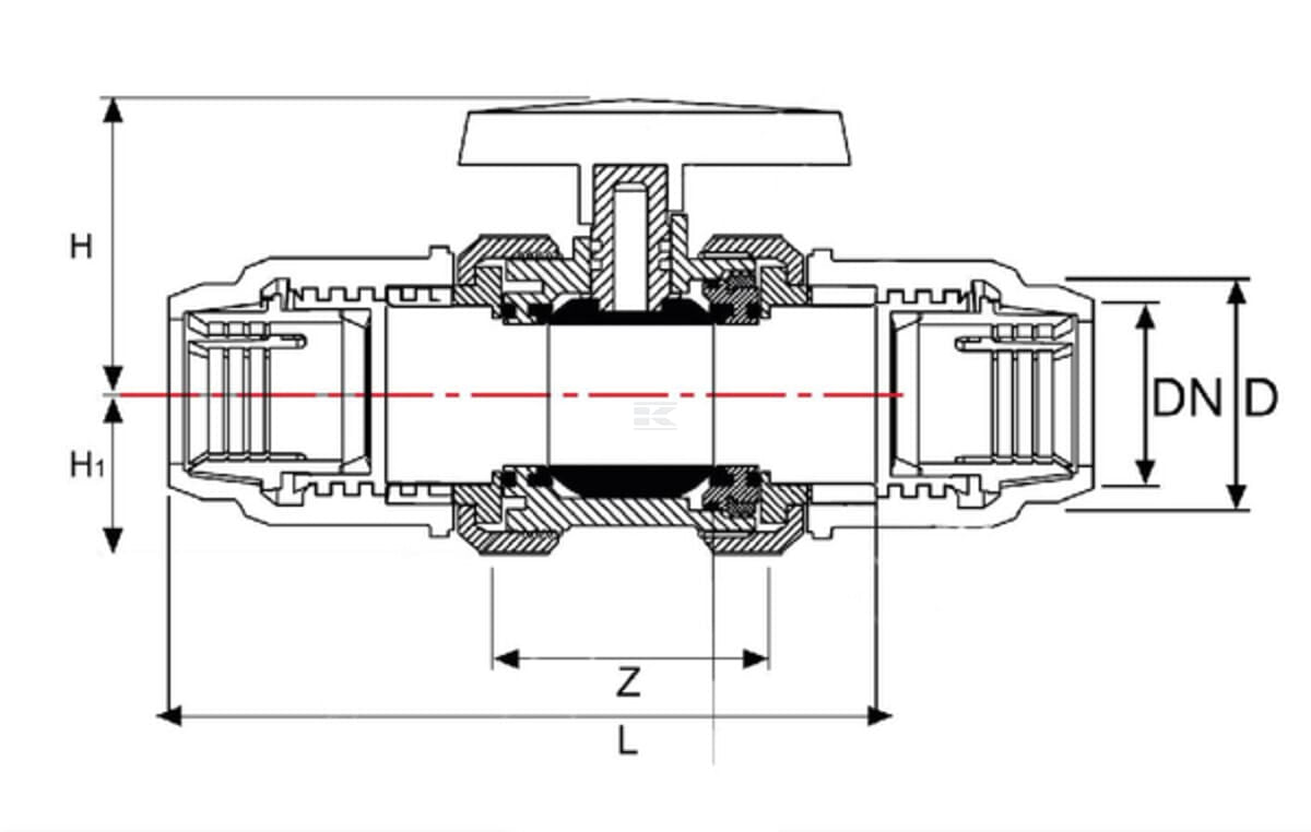 Pimtas PVC-U ball valve - Compression nut (PE) x Compression nut (PE)