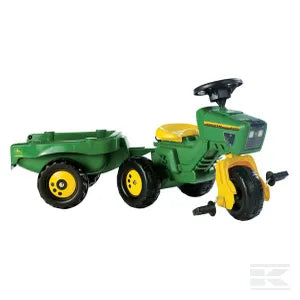 Pedal tractor with front-loader and trailer, John Deere