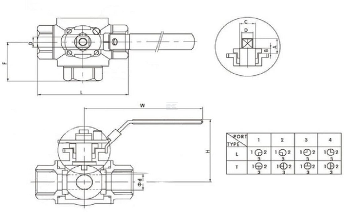 Ball valve, 3-way, T-bore stainless steel