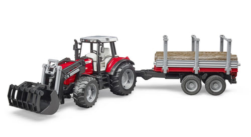 Bruder U02046 Massey Ferguson 7480 with front loader and wood-transport trailer