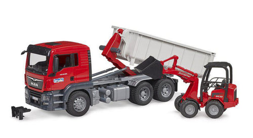 Bruder U03767 MAN TGS Truck with Roll-Off-Container and Schäffer Compact loader 2630
