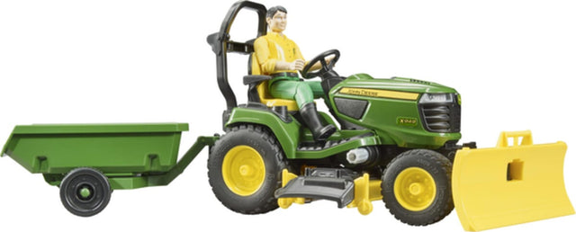Bruder U62104 John Deere lawn tractor with trailer and gardener