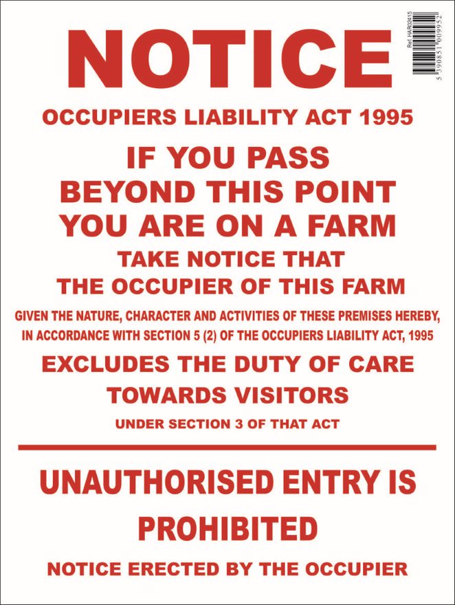 Occupiers Liability Act 1995 Farm Sign